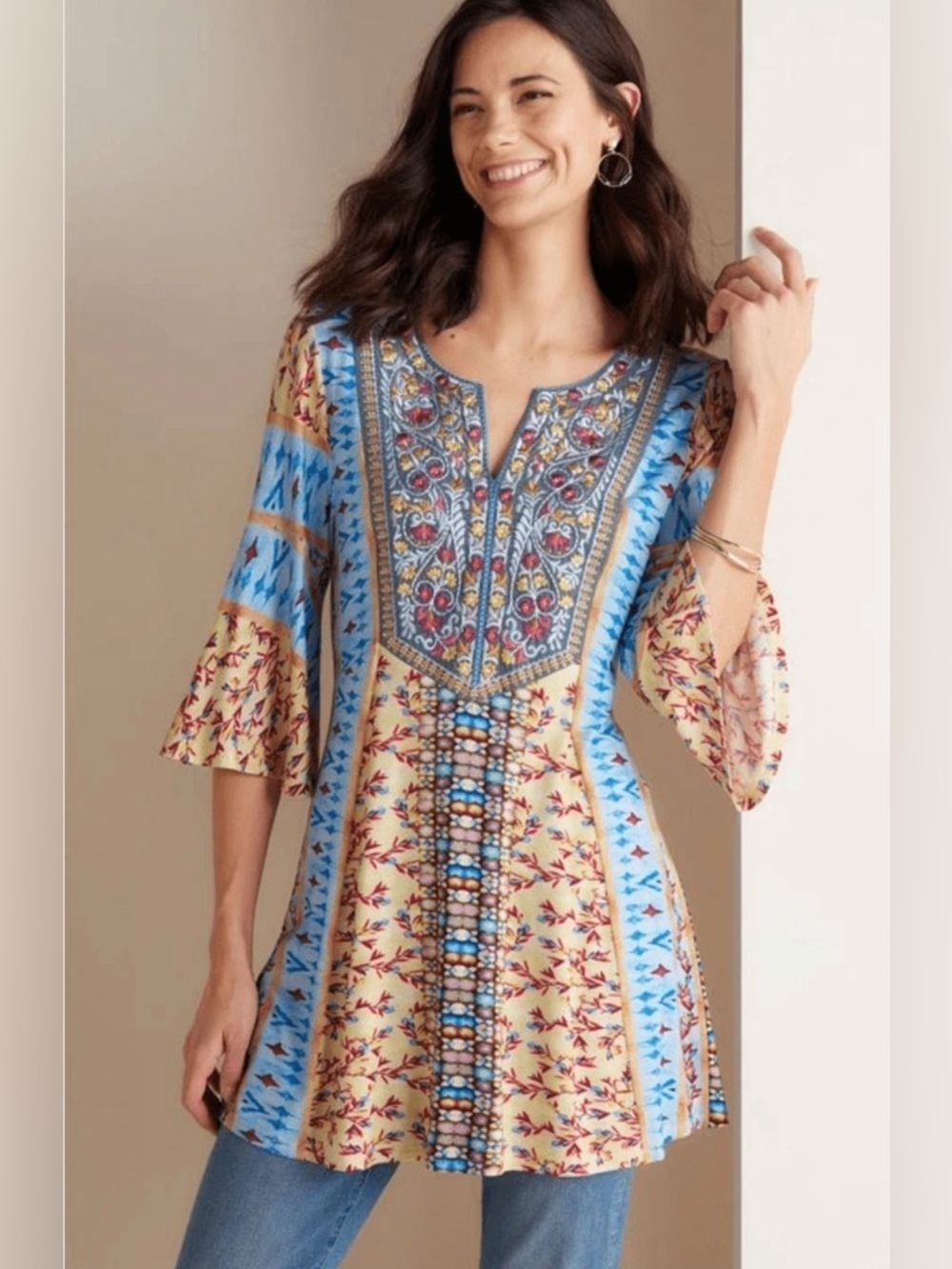 Soft Surroundings Fifi Embroidered 3/4 Bell Sleeve Tunic Top size Large
